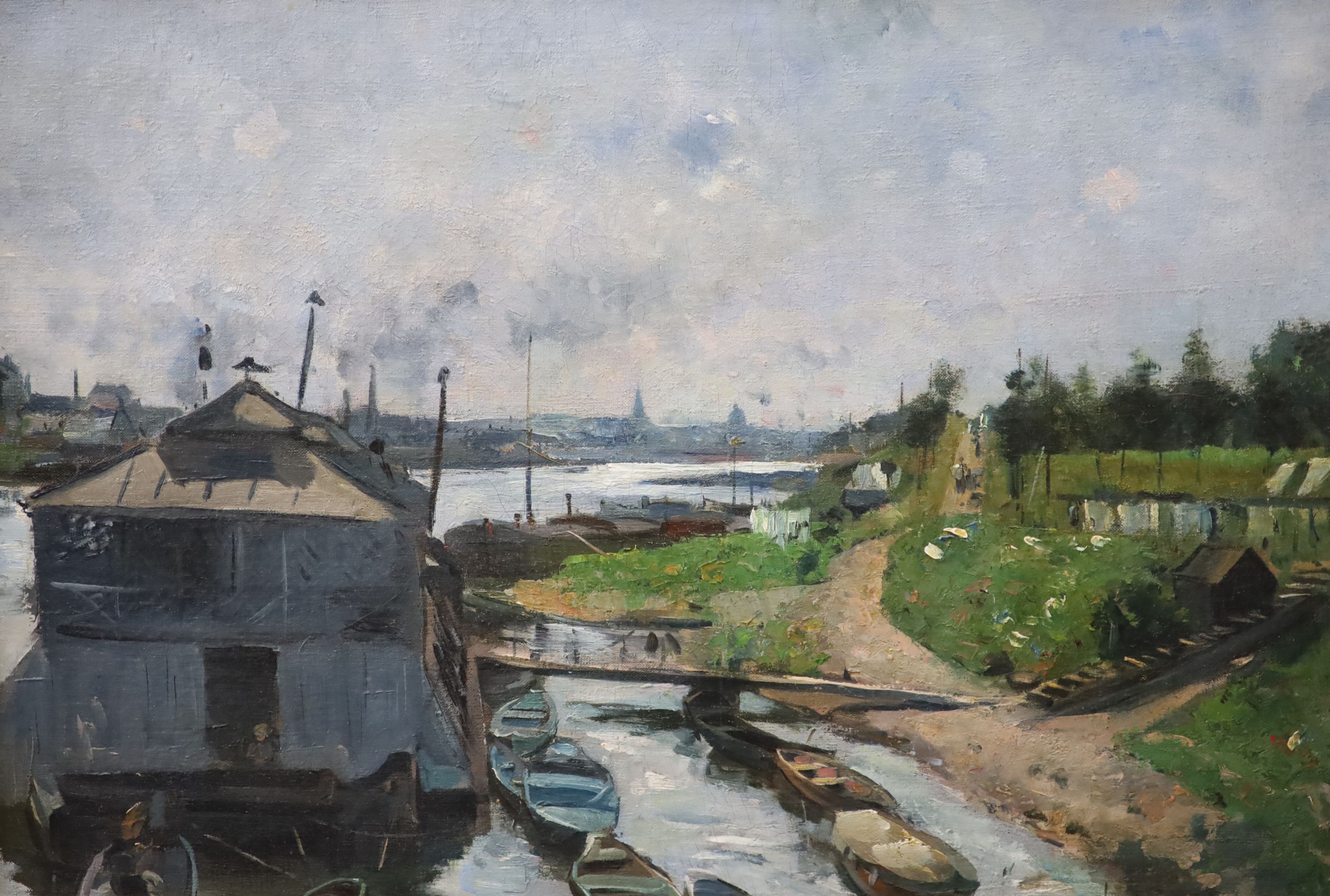 French School c.1890, Houseboats on a French river, possibly Argenteuil., Oil on canvas, 38 x 54cm.